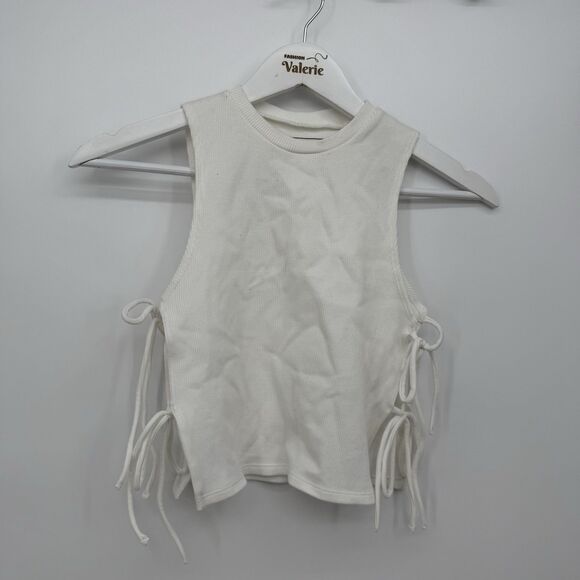 Paxton White Ribbed Stretchy Tie Bow Side Tank Top Size M/L Cropped - Picture 1 of 6